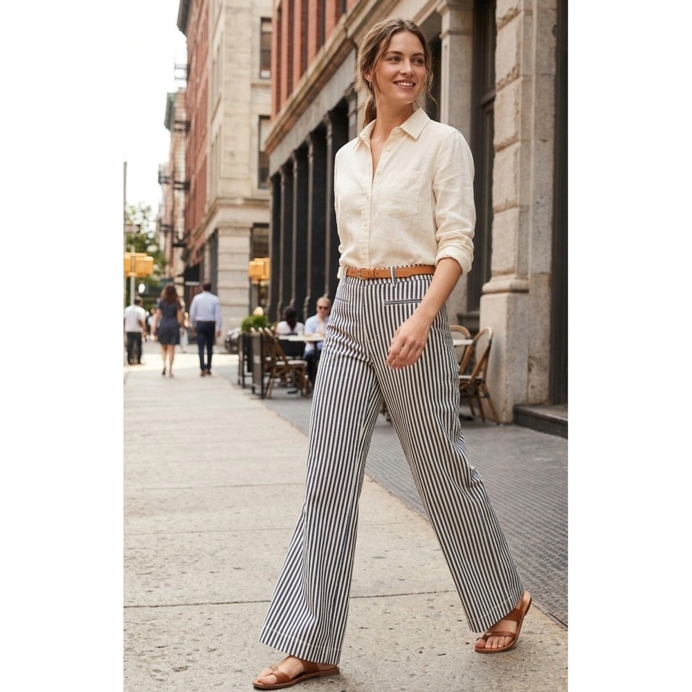 Frame Seaport Stripe HighRise Wide Leg Denim Pants Blue White Size 25 WE24DPA044